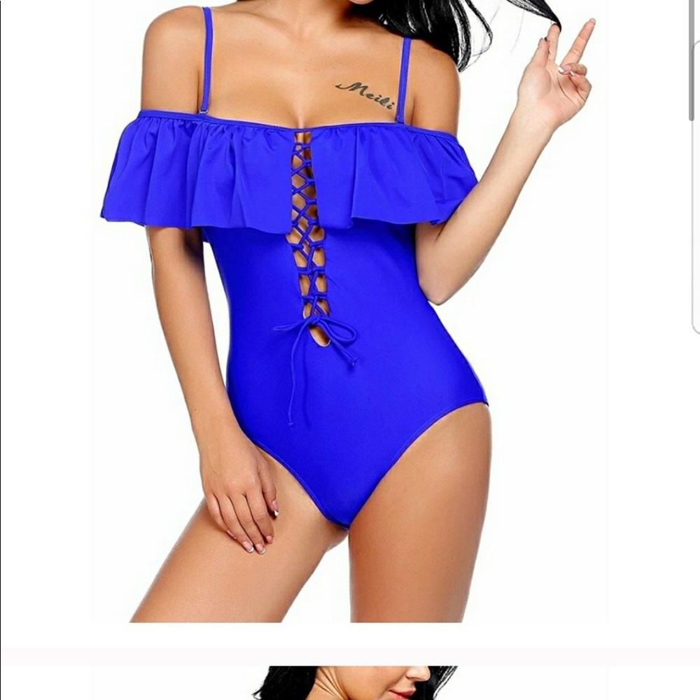 Blue fringe monikini swimsuit quality - Picture 1 of 4